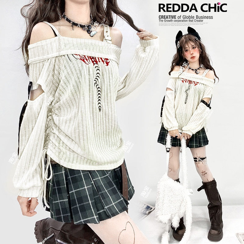 REDDACHIC_Longline_One_Shoulder_Ripped_Drawstring_Women'S_White_Knit_Long_Sleeve_T-Shirts_MISSTT