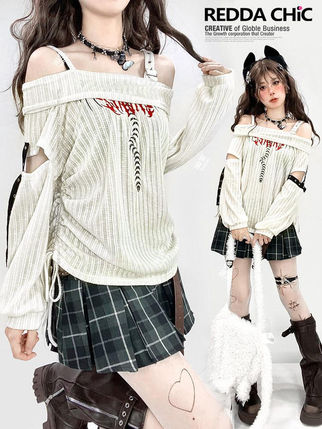 REDDACHIC Longline One Shoulder Ripped Drawstring Women'S White Knit Long Sleeve T-Shirts