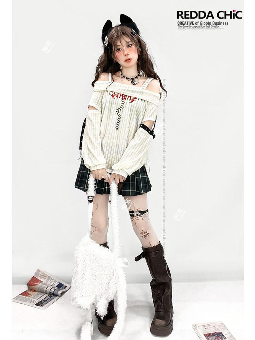 REDDACHIC Longline One Shoulder Ripped Drawstring Women'S White Knit Long Sleeve T-Shirts
