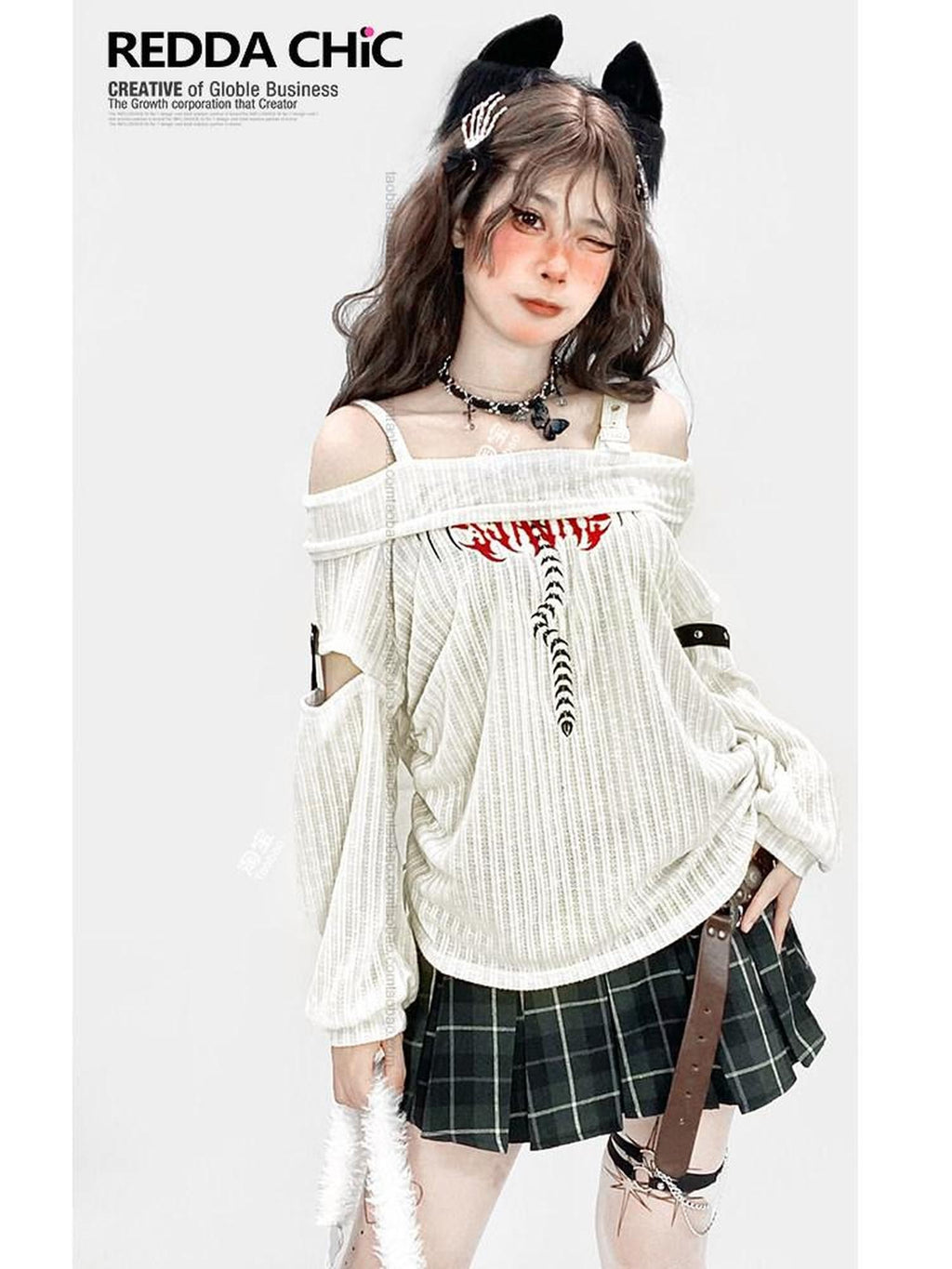 REDDACHIC Longline One Shoulder Ripped Drawstring Women'S White Knit Long Sleeve T-Shirts