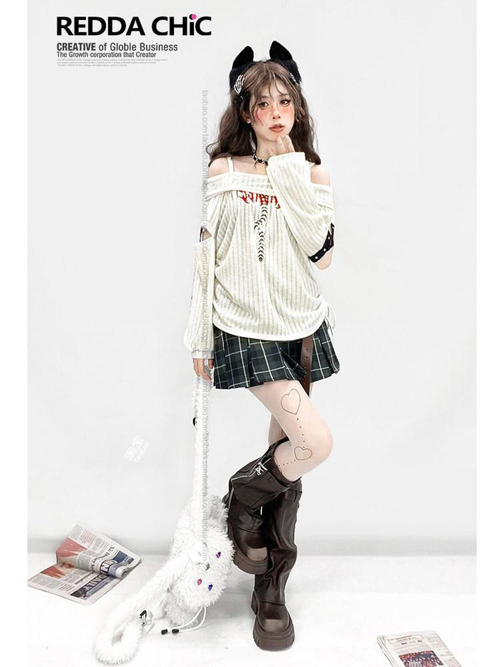 REDDACHIC Longline One Shoulder Ripped Drawstring Women'S White Knit Long Sleeve T-Shirts