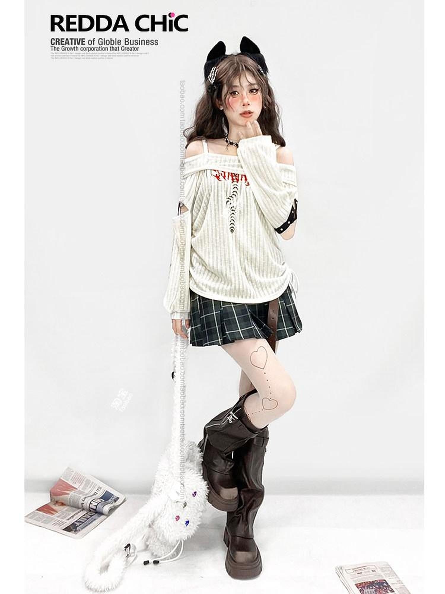REDDACHIC Longline One Shoulder Ripped Drawstring Women'S White Knit Long Sleeve T-Shirts