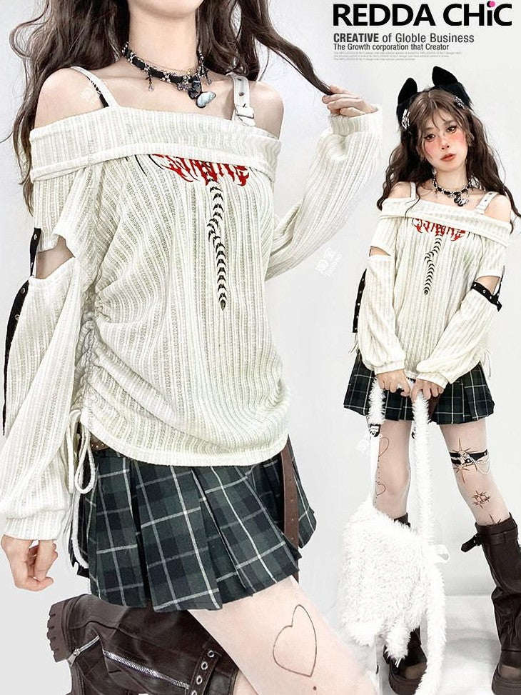 REDDACHIC Longline One Shoulder Ripped Drawstring Women'S White Knit Long Sleeve T-Shirts