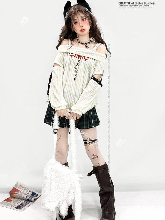 REDDACHIC Longline One Shoulder Ripped Drawstring Women'S White Knit Long Sleeve T-Shirts