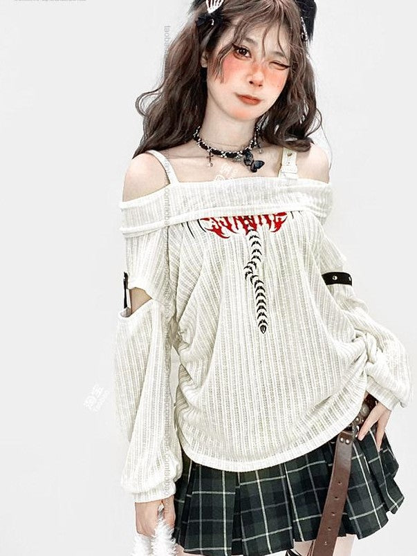 REDDACHIC Longline One Shoulder Ripped Drawstring Women'S White Knit Long Sleeve T-Shirts