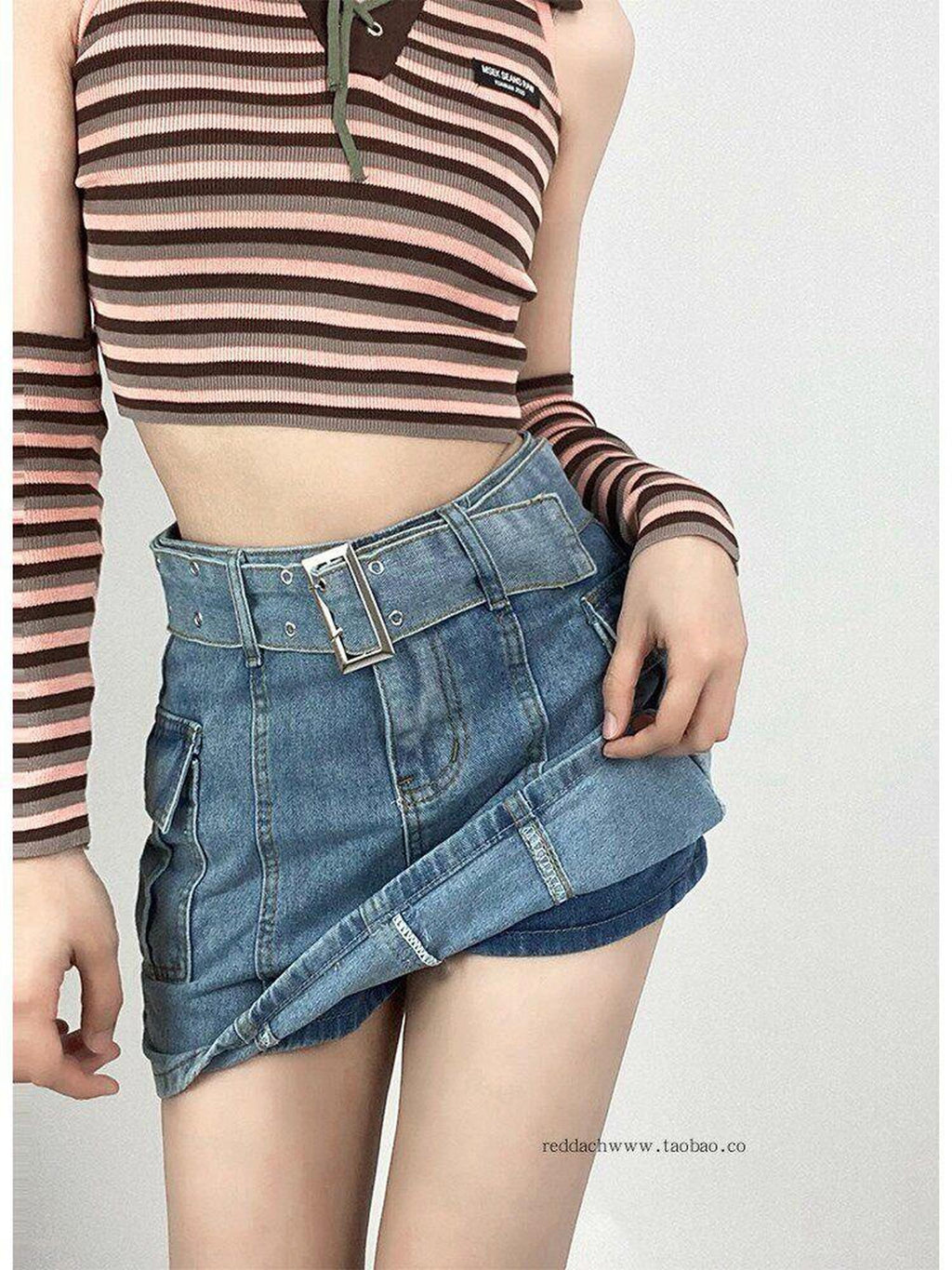 REDDACHIC Mini High Waist Bodycon Tie Patchwork Women'S Cotton Denim Skorts Jeans