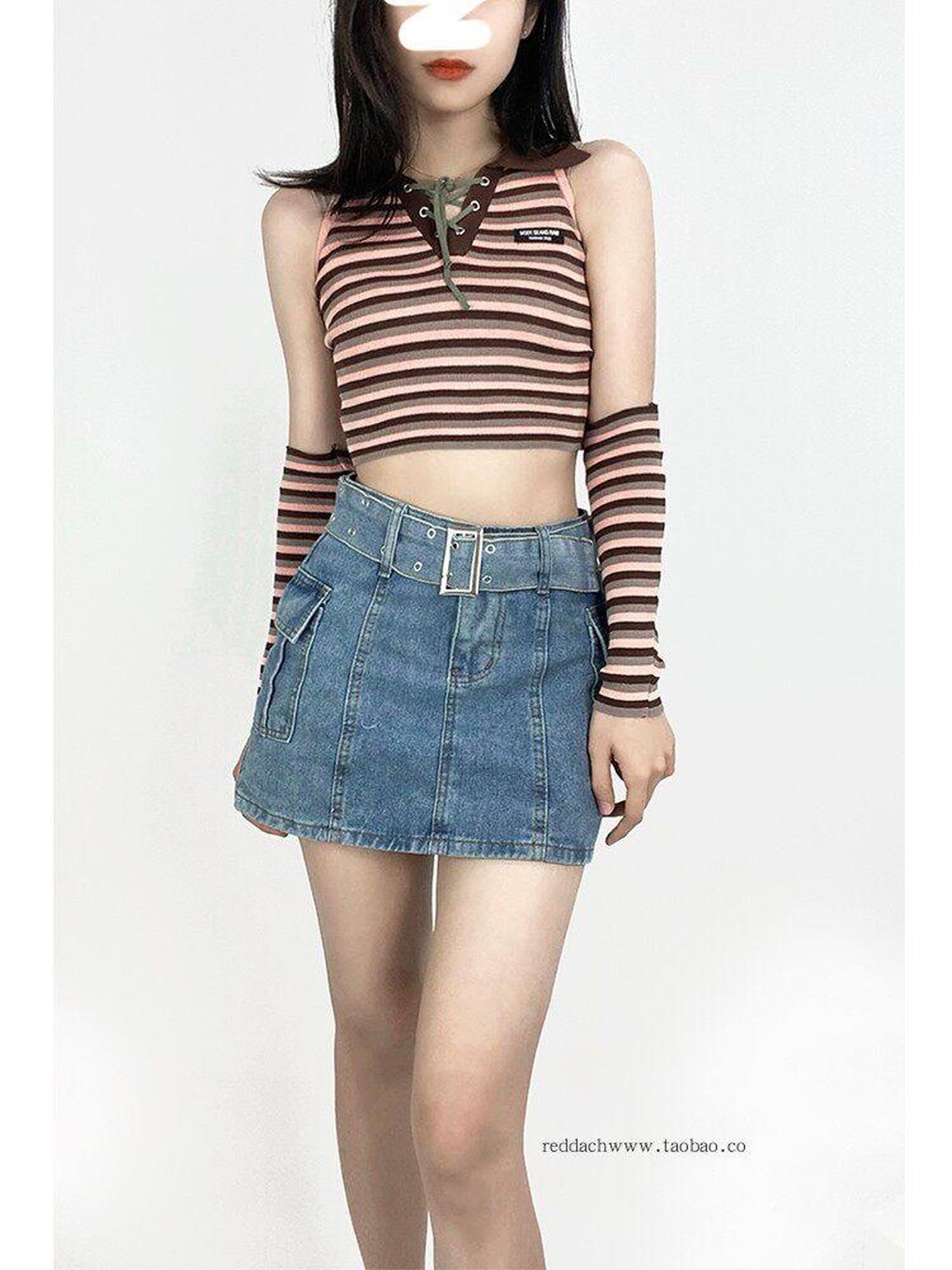 REDDACHIC Mini High Waist Bodycon Tie Patchwork Women'S Cotton Denim Skorts Jeans