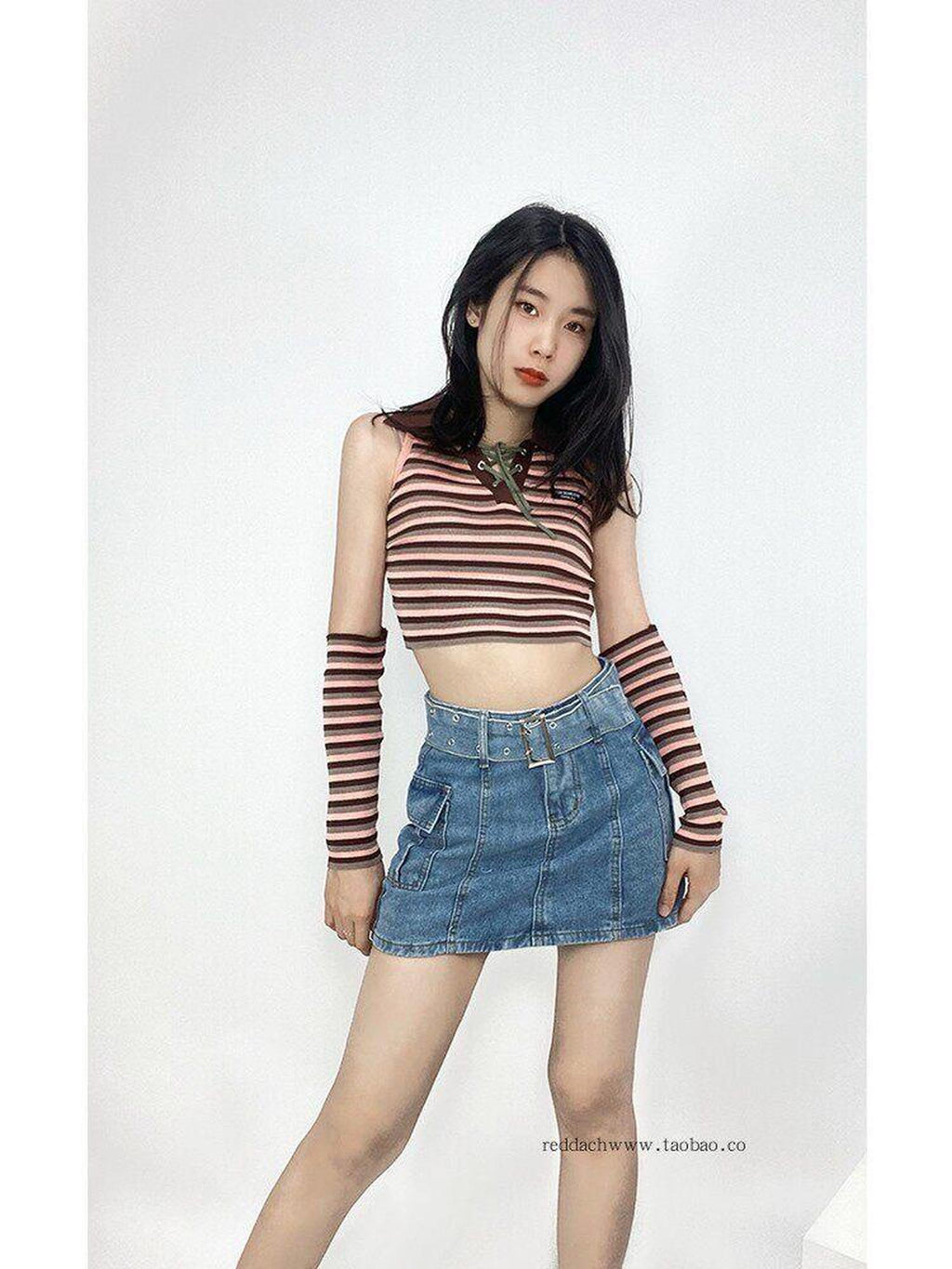 REDDACHIC Mini High Waist Bodycon Tie Patchwork Women'S Cotton Denim Skorts Jeans
