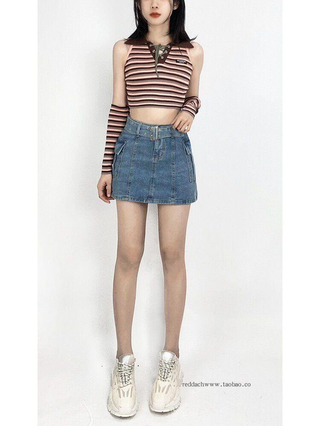 REDDACHIC Mini High Waist Bodycon Tie Patchwork Women'S Cotton Denim Skorts Jeans