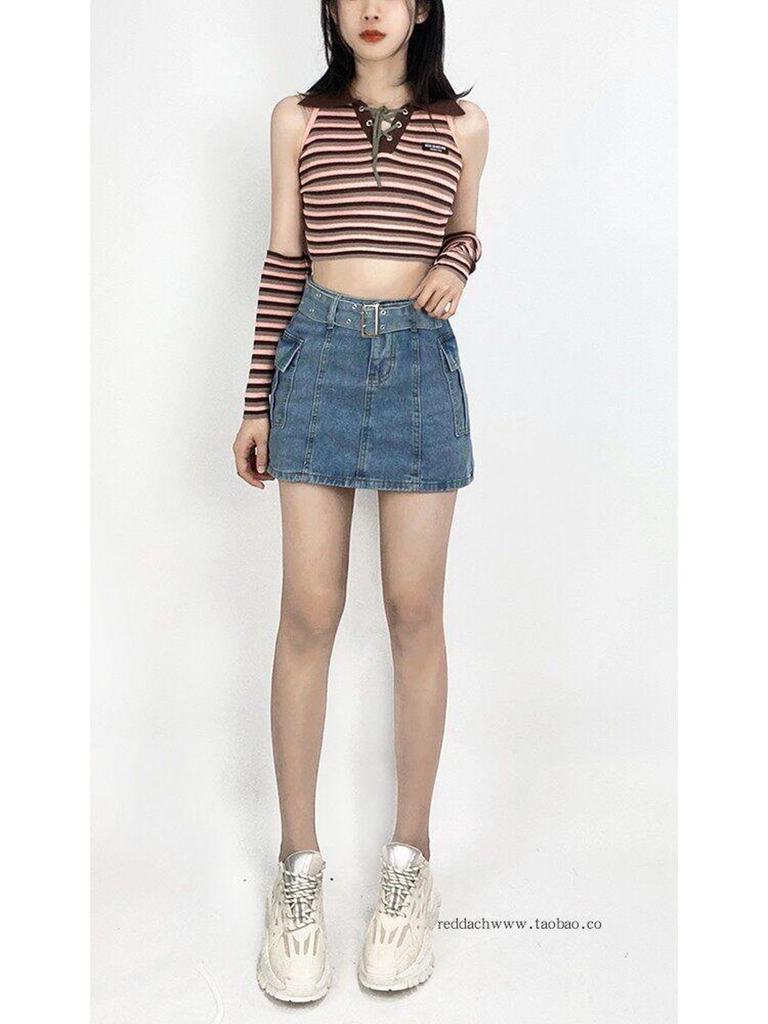 REDDACHIC Mini High Waist Bodycon Tie Patchwork Women'S Cotton Denim Skorts Jeans