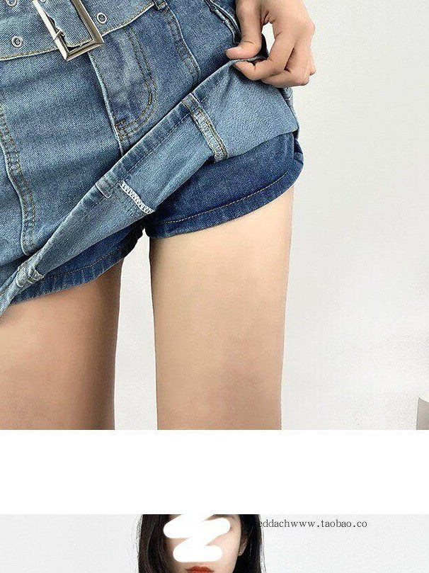 REDDACHIC Mini High Waist Bodycon Tie Patchwork Women'S Cotton Denim Skorts Jeans