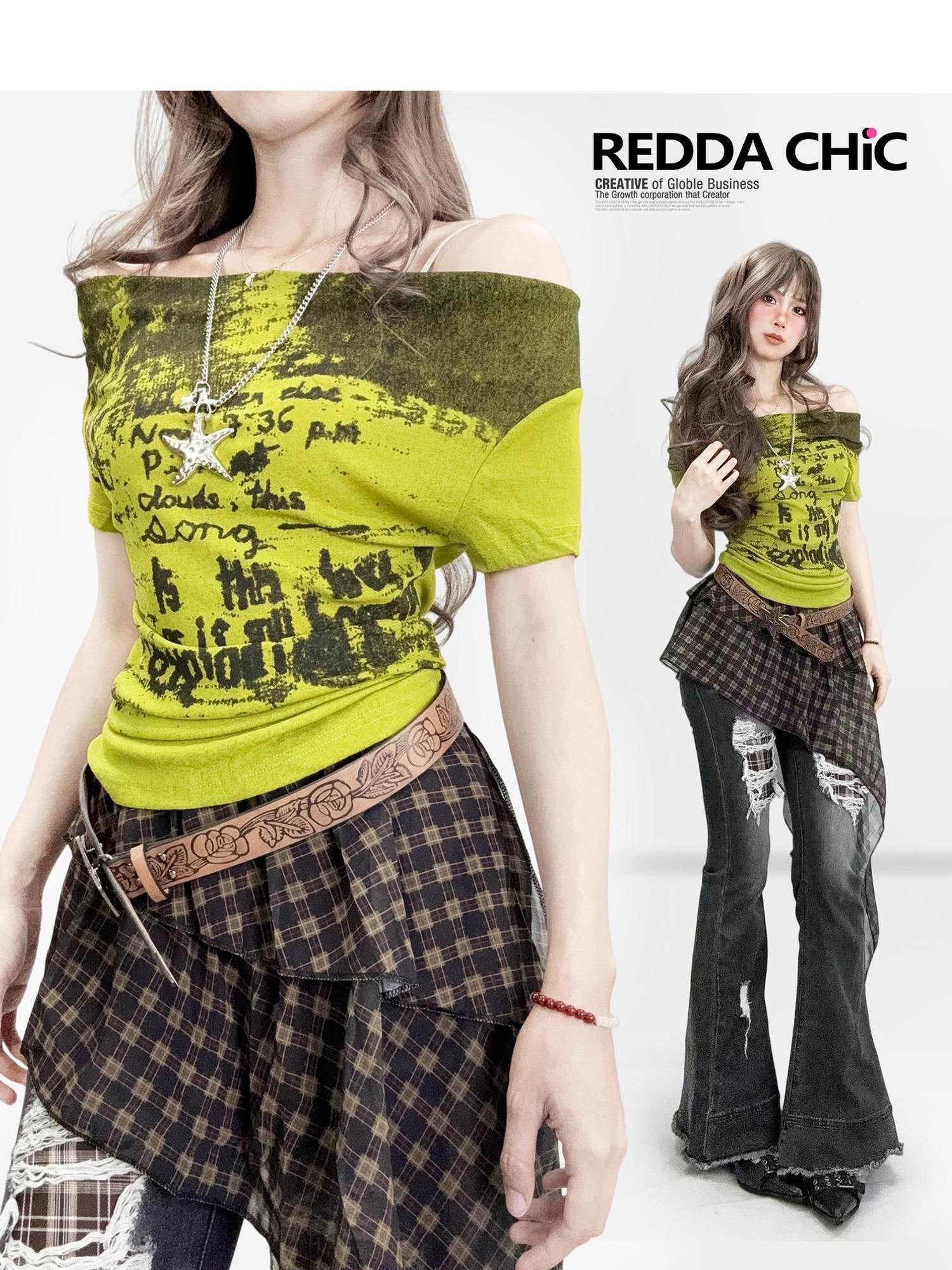 REDDACHIC Mint Green One Shoulder Letter Print Slim Fit Women'S Short Sleeve T-Shirts