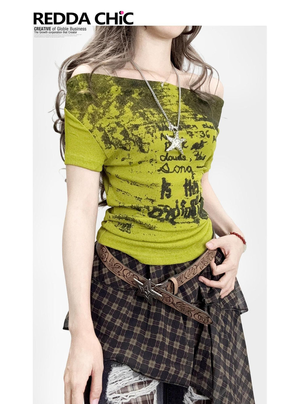 REDDACHIC Mint Green One Shoulder Letter Print Slim Fit Women'S Short Sleeve T-Shirts