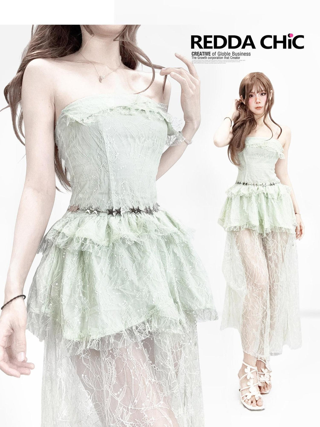 REDDACHIC Mint Green Sequin Patchwork Puff Women'S Lace Strapless Maxi Dresses