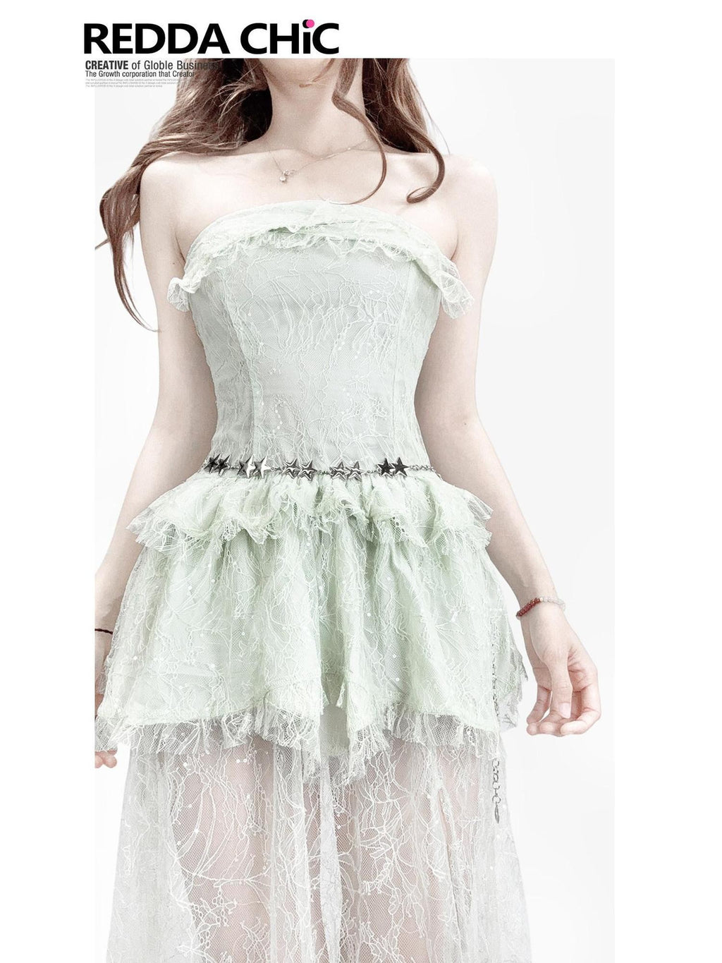REDDACHIC Mint Green Sequin Patchwork Puff Women'S Lace Strapless Maxi Dresses