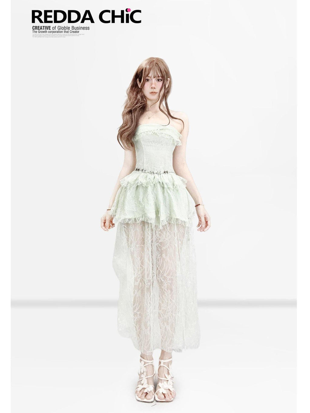 REDDACHIC Mint Green Sequin Patchwork Puff Women'S Lace Strapless Maxi Dresses