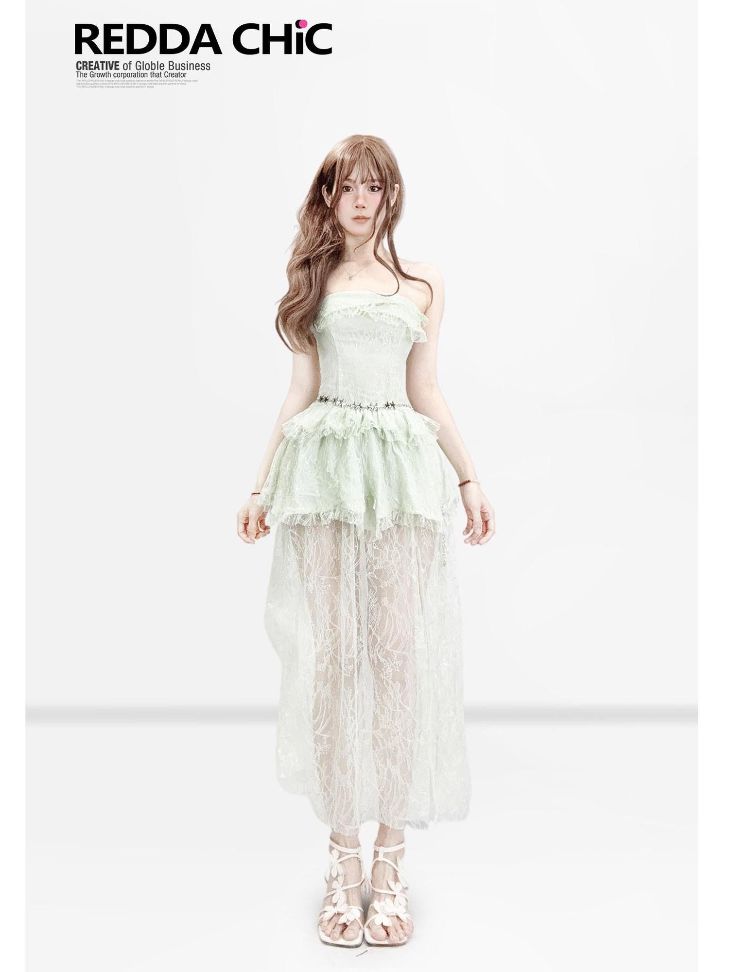 REDDACHIC Mint Green Sequin Patchwork Puff Women'S Lace Strapless Maxi Dresses