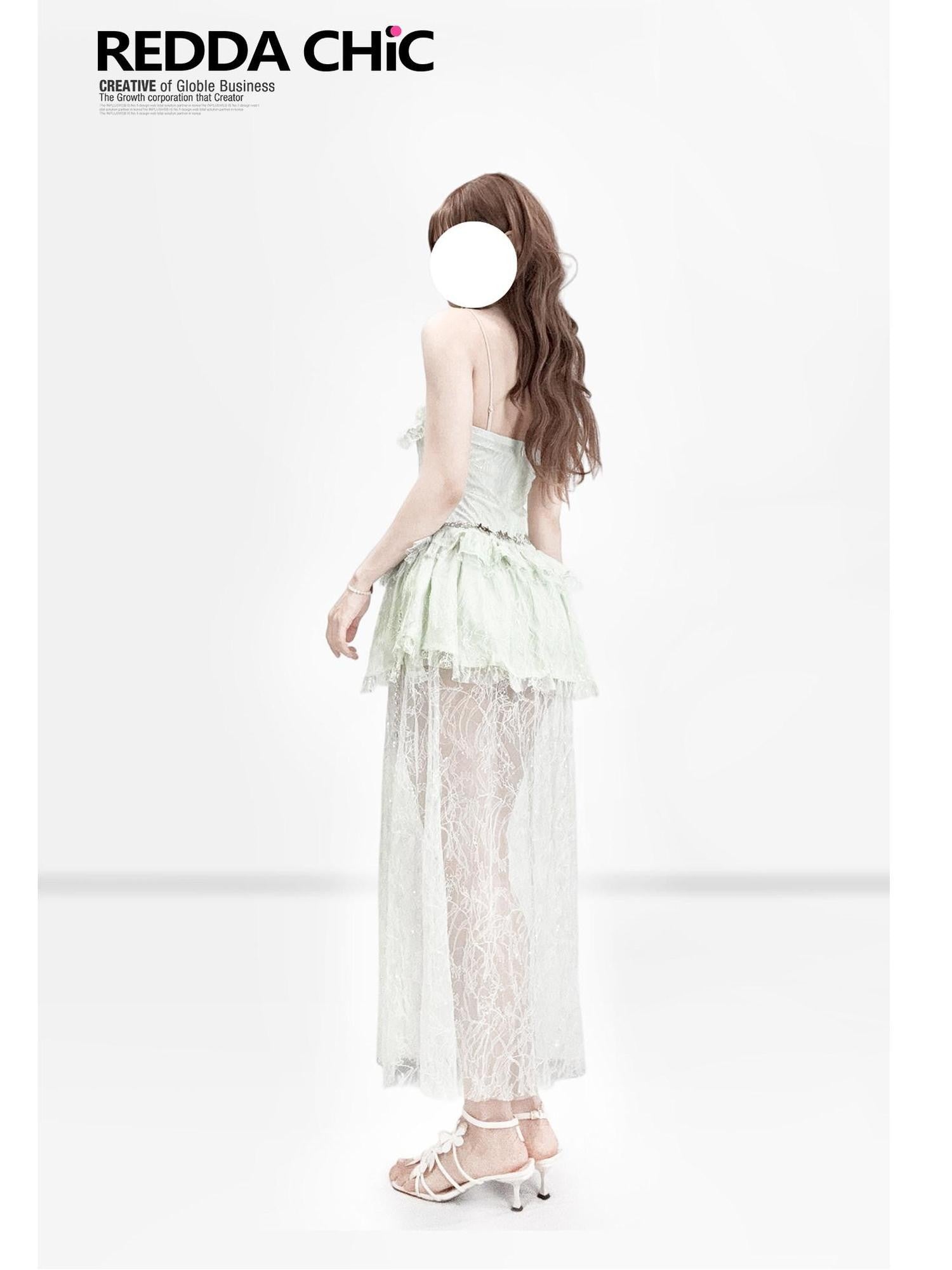 REDDACHIC Mint Green Sequin Patchwork Puff Women'S Lace Strapless Maxi Dresses