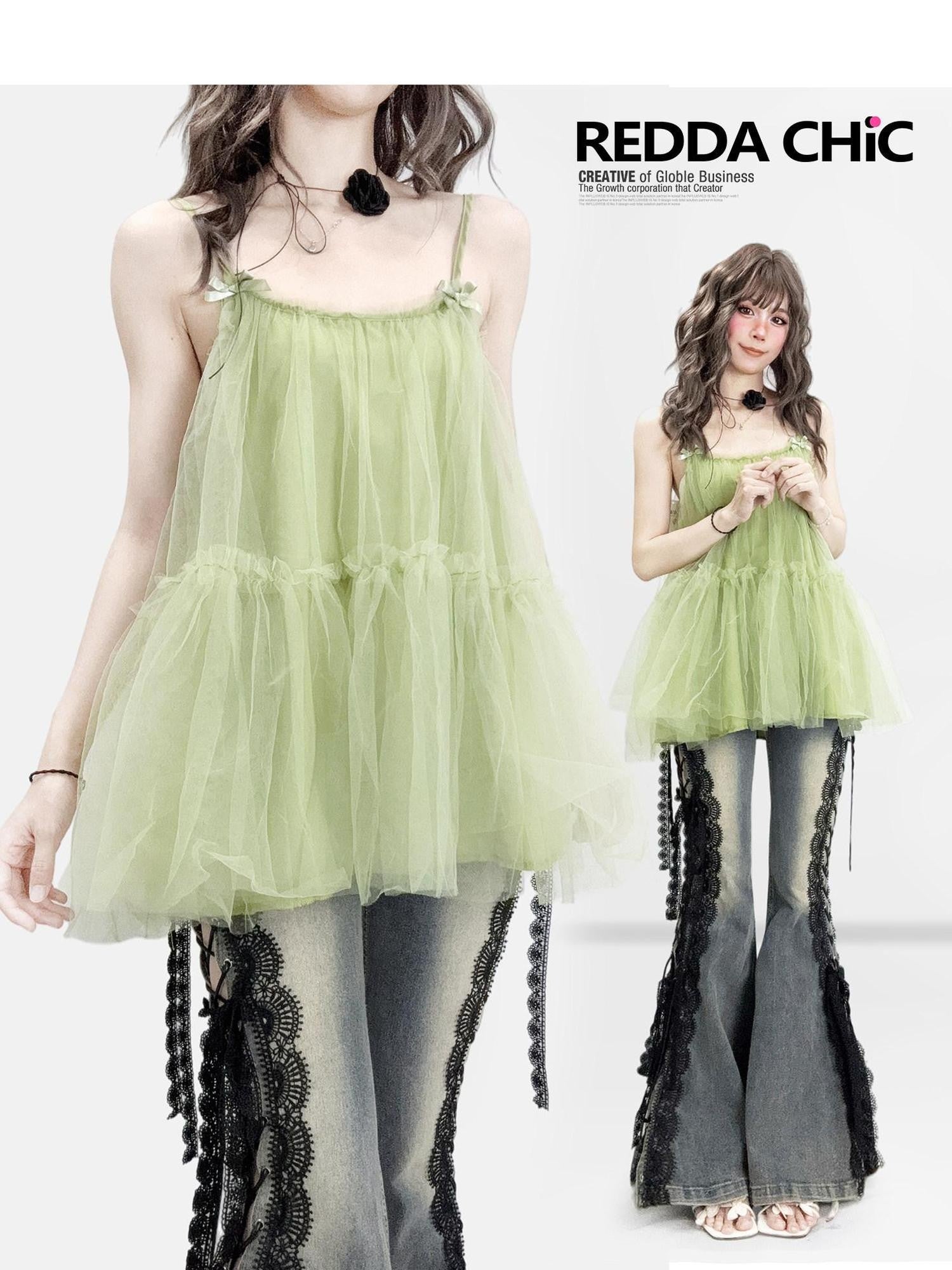 REDDACHIC Mustard Green A Line Strappy Puffy Loose Women'S Mesh Slip Mini Dresses