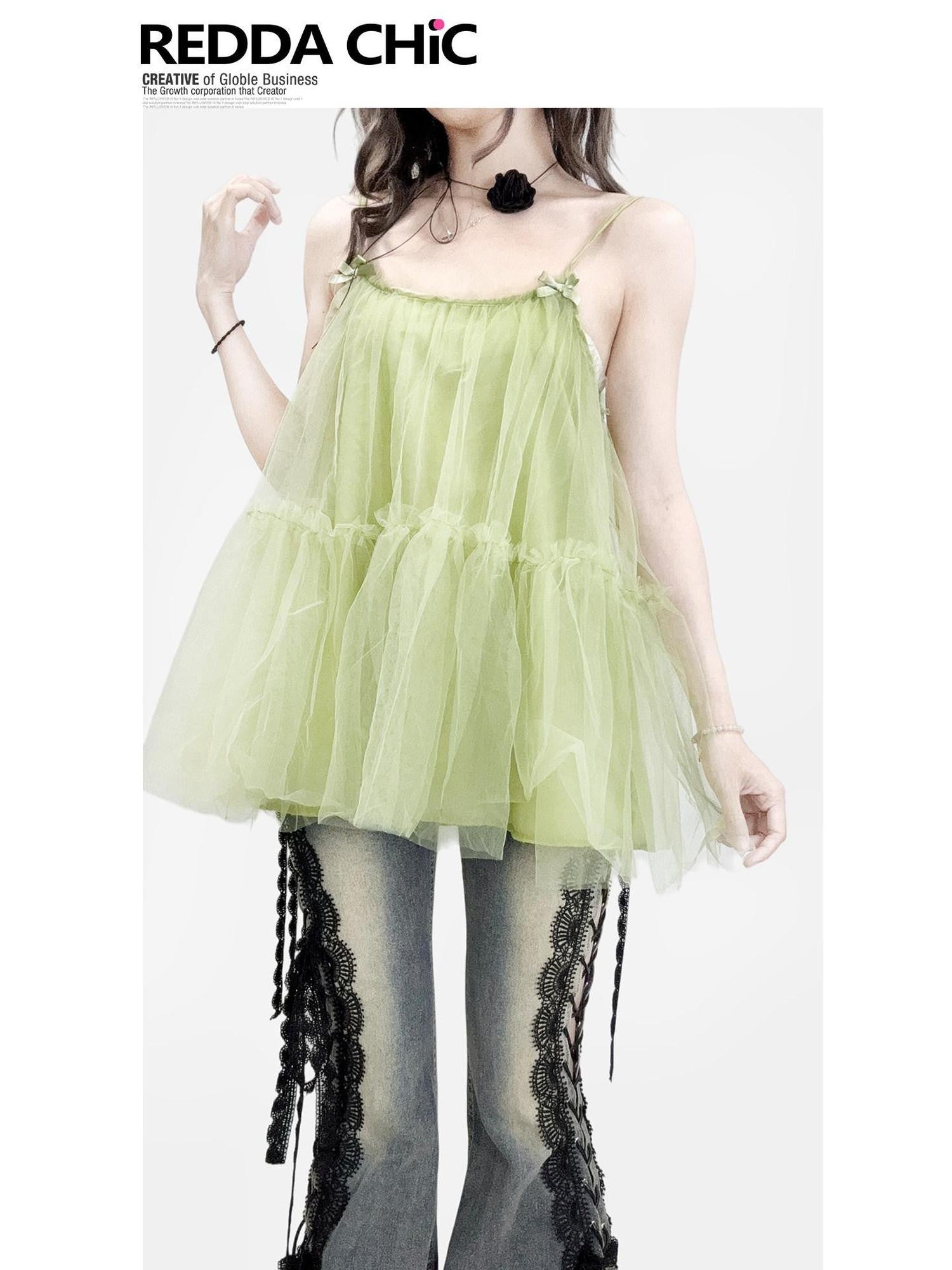 REDDACHIC Mustard Green A Line Strappy Puffy Loose Women'S Mesh Slip Mini Dresses