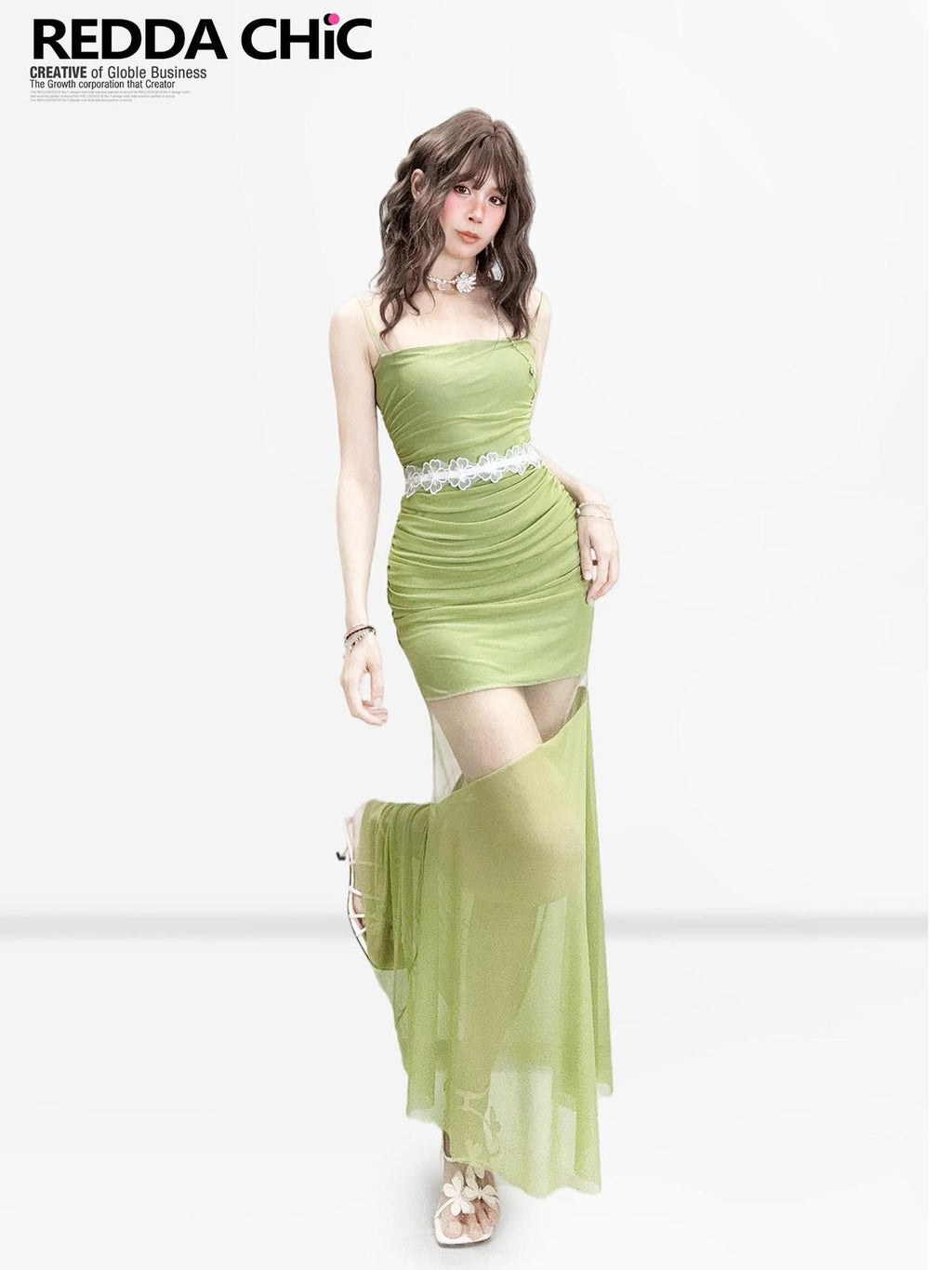 REDDACHIC Mustard Green Cutout Fishtail Bodycon Women'S Mesh Slip Maxi Dresses