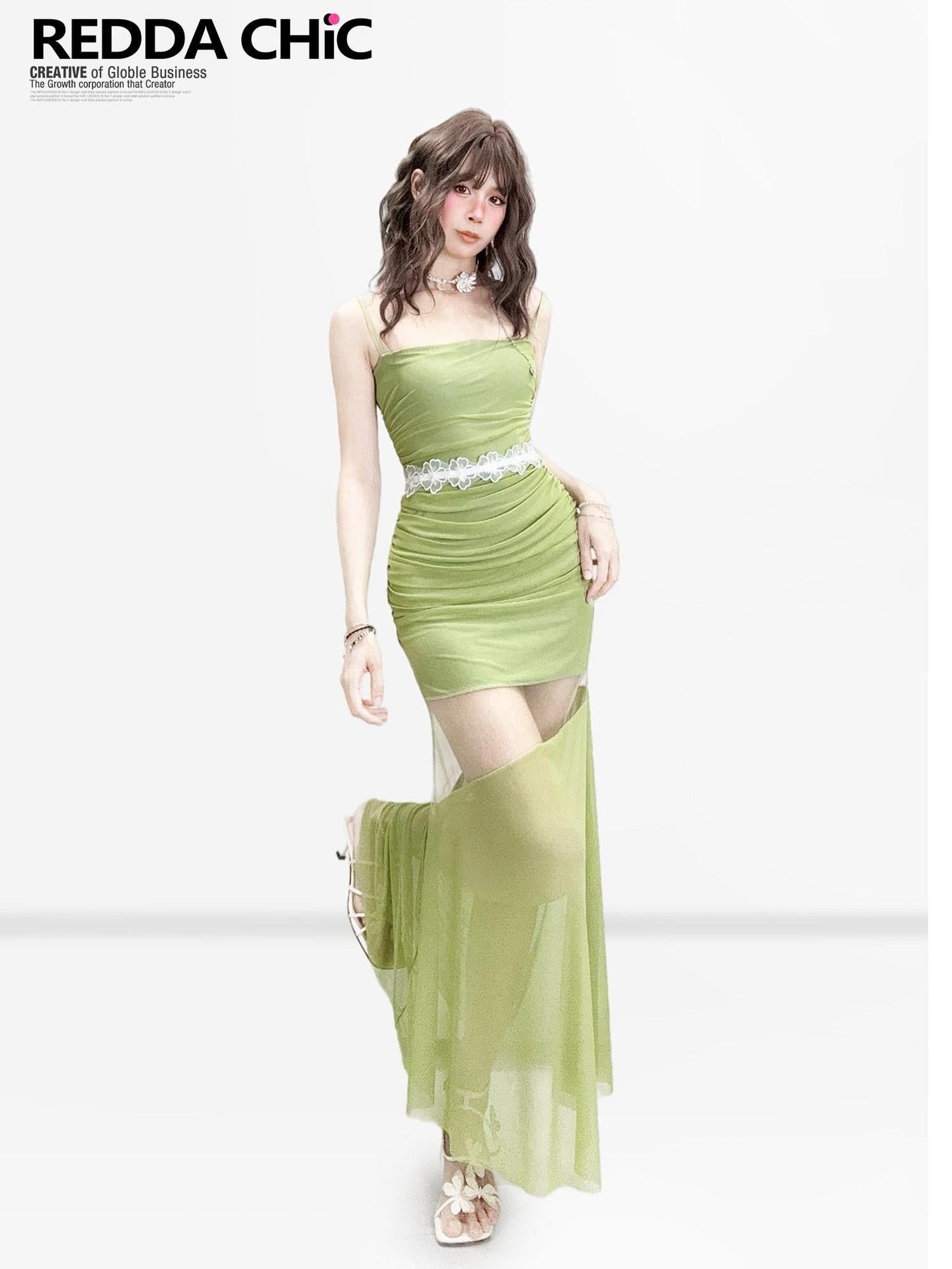 REDDACHIC Mustard Green Cutout Fishtail Bodycon Women'S Mesh Slip Maxi Dresses