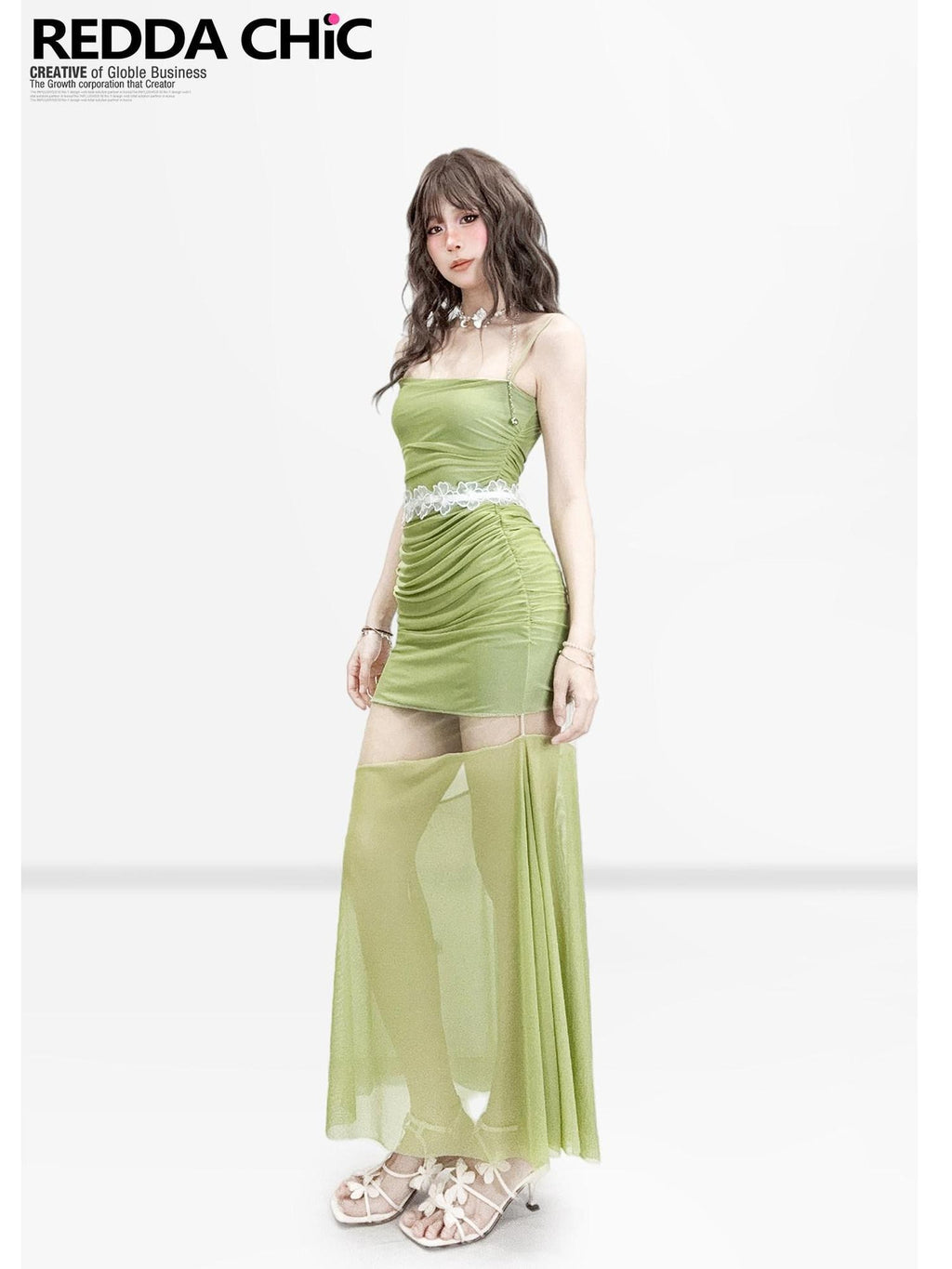 REDDACHIC Mustard Green Cutout Fishtail Bodycon Women'S Mesh Slip Maxi Dresses