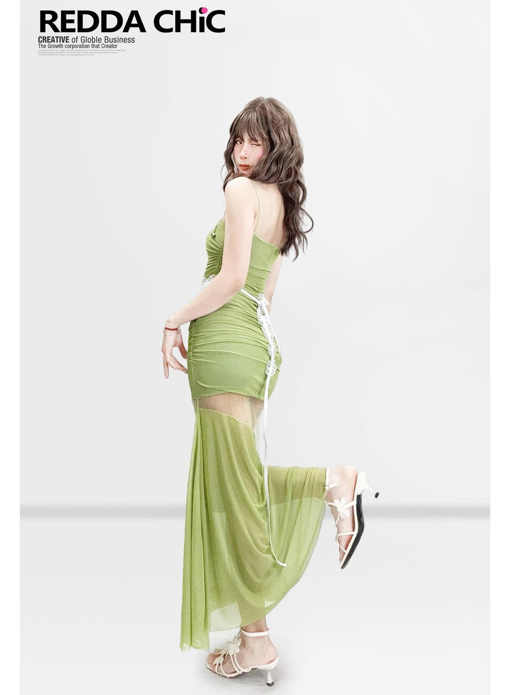 REDDACHIC Mustard Green Cutout Fishtail Bodycon Women'S Mesh Slip Maxi Dresses