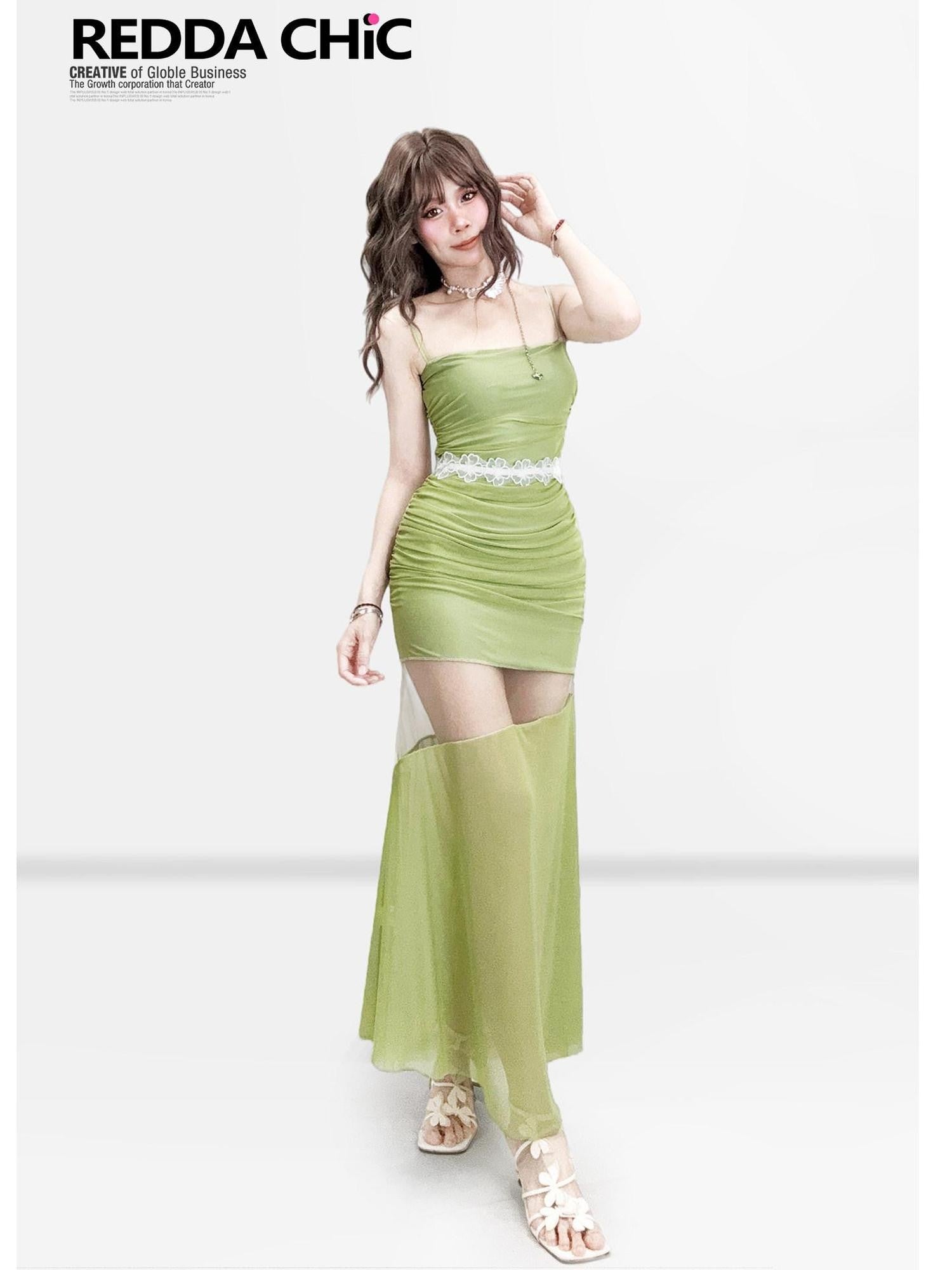 REDDACHIC Mustard Green Cutout Fishtail Bodycon Women'S Mesh Slip Maxi Dresses