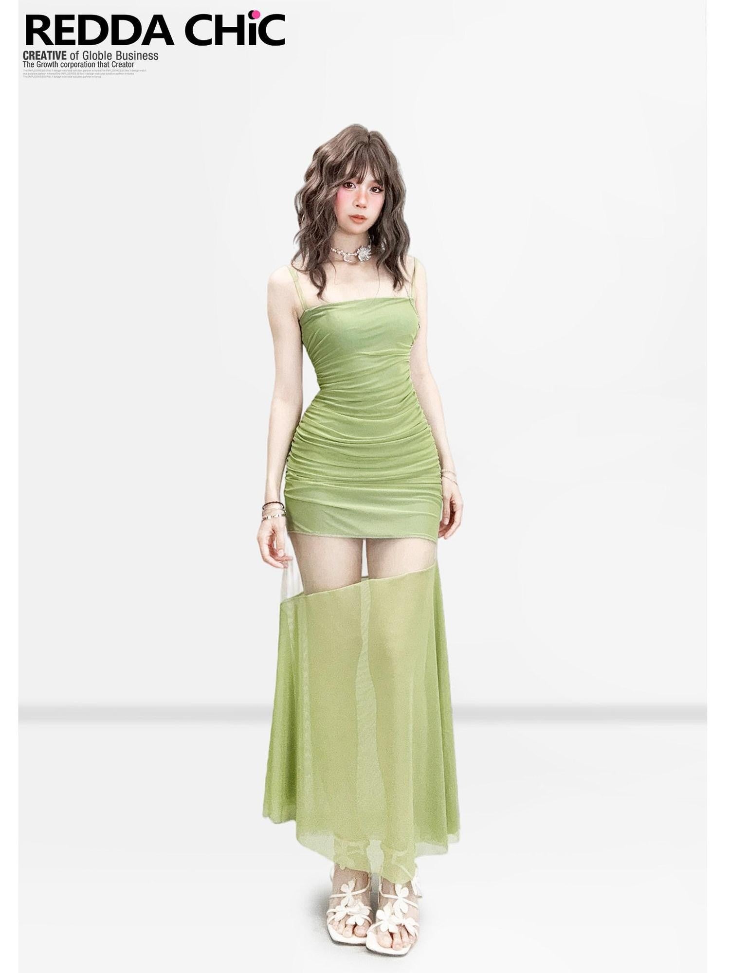 REDDACHIC Mustard Green Cutout Fishtail Bodycon Women'S Mesh Slip Maxi Dresses