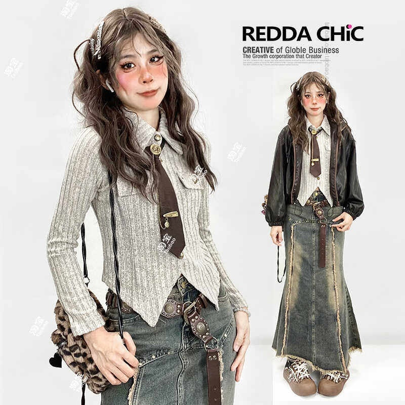 REDDACHIC_Oat_Vintage_Polo_Collar_Tie_Knit_Layered_Vest_Asymmetric_Slim_Fit_Women'S_Blouses_MISSTT