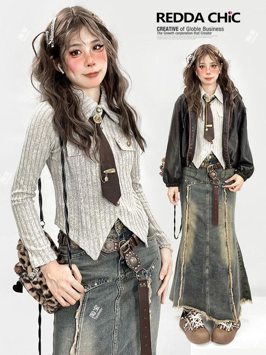 REDDACHIC Oat Vintage Polo Collar Tie Knit Layered Vest Asymmetric Slim Fit Women'S Blouses