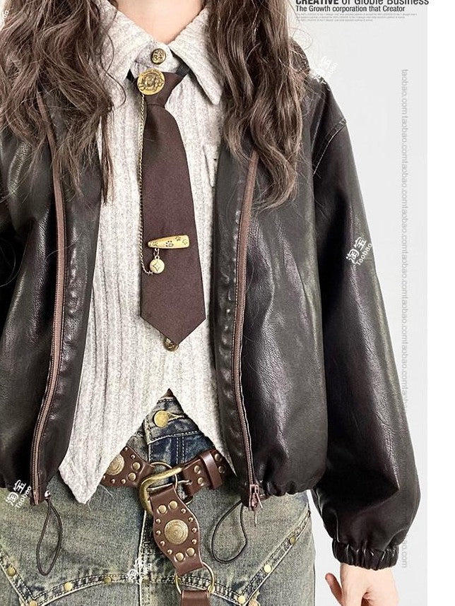 REDDACHIC Oat Vintage Polo Collar Tie Knit Layered Vest Asymmetric Slim Fit Women'S Blouses