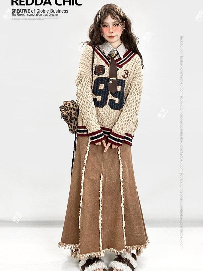 REDDACHIC Oat Vintage Polo Collar Tie Knit Layered Vest Asymmetric Slim Fit Women'S Blouses
