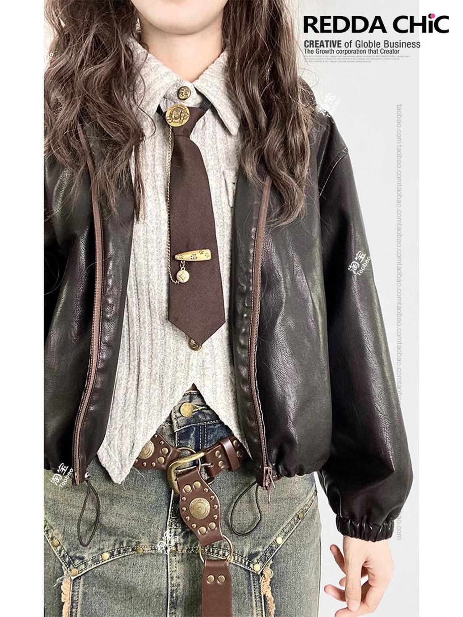 REDDACHIC Oat Vintage Polo Collar Tie Knit Layered Vest Asymmetric Slim Fit Women'S Blouses