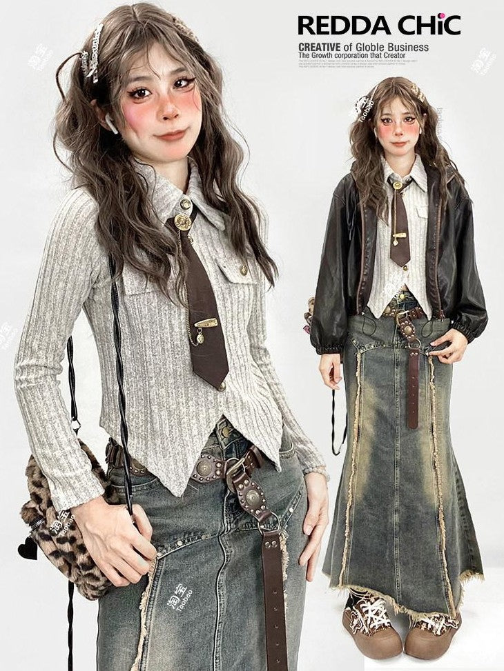 REDDACHIC Oat Vintage Polo Collar Tie Knit Layered Vest Asymmetric Slim Fit Women'S Blouses