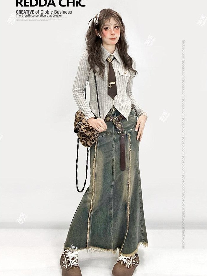 REDDACHIC Oat Vintage Polo Collar Tie Knit Layered Vest Asymmetric Slim Fit Women'S Blouses