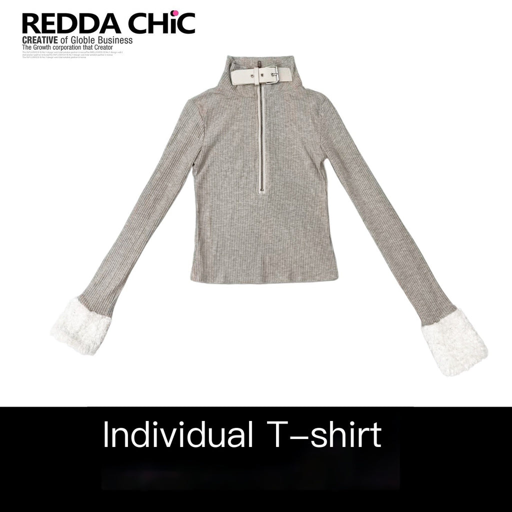 REDDACHIC_Oatmeal_High_Neck_Patchwork_Fuzzy_Sleeve_Slim_Short_Women'S_Knit_Sweaters_MISSTT