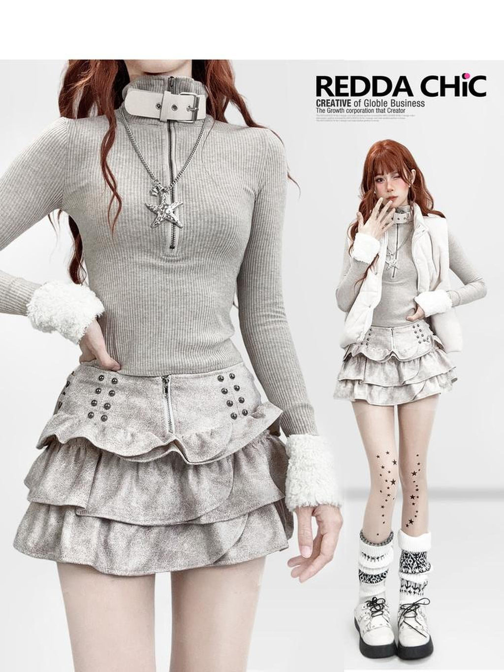 REDDACHIC Oatmeal High Neck Patchwork Fuzzy Sleeve Slim Short Women'S Knit Sweaters