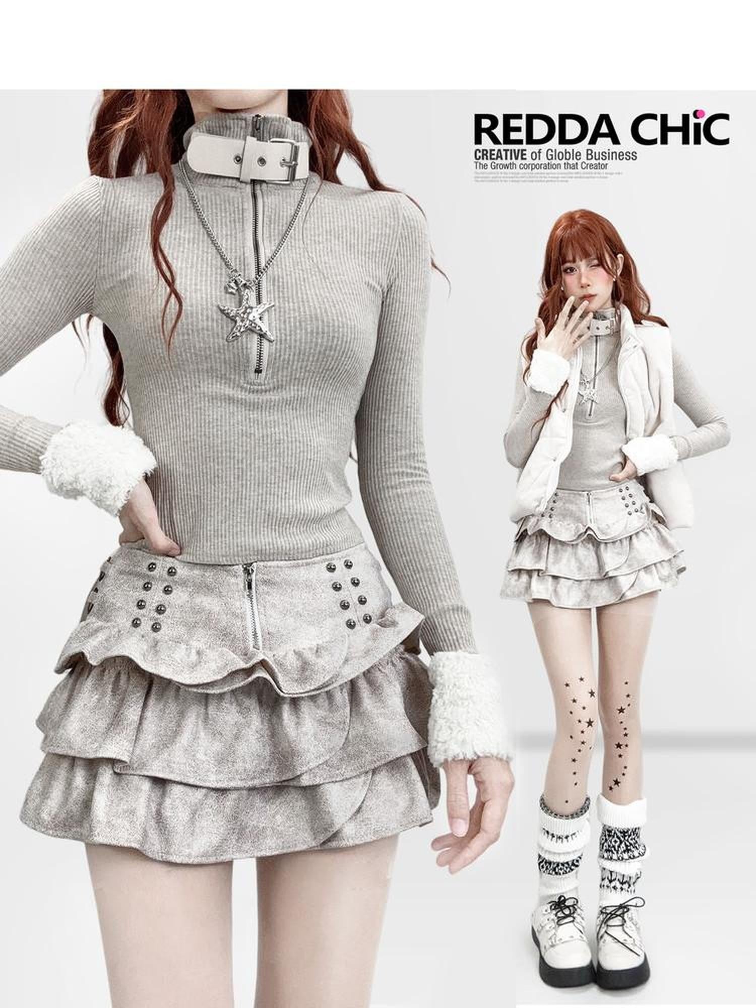 REDDACHIC Oatmeal High Neck Patchwork Fuzzy Sleeve Slim Short Women'S Knit Sweaters