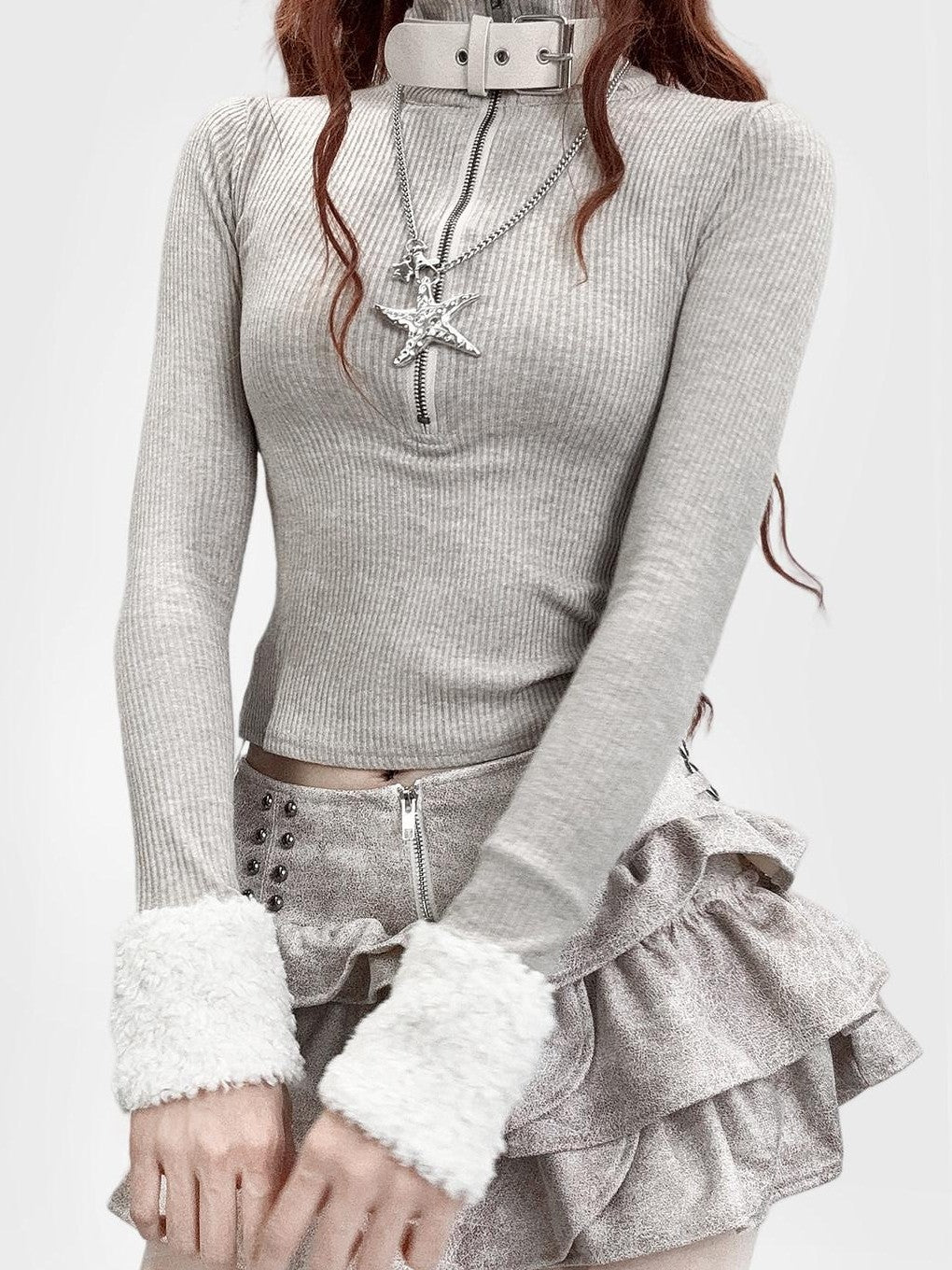 REDDACHIC Oatmeal High Neck Patchwork Fuzzy Sleeve Slim Short Women'S Knit Sweaters