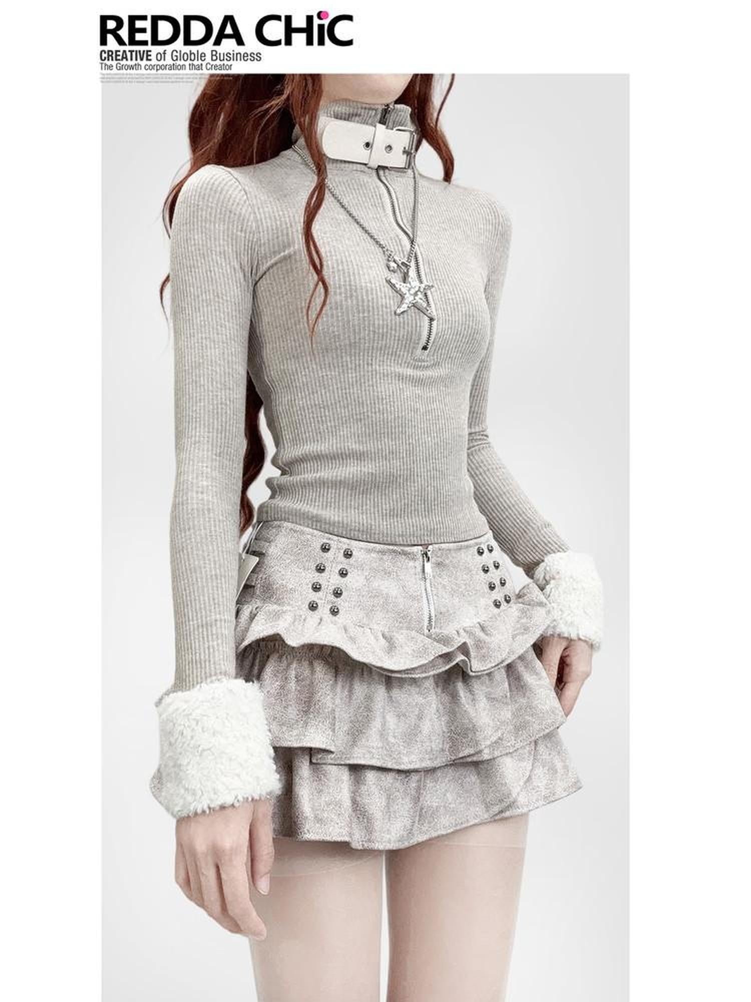 REDDACHIC Oatmeal High Neck Patchwork Fuzzy Sleeve Slim Short Women'S Knit Sweaters