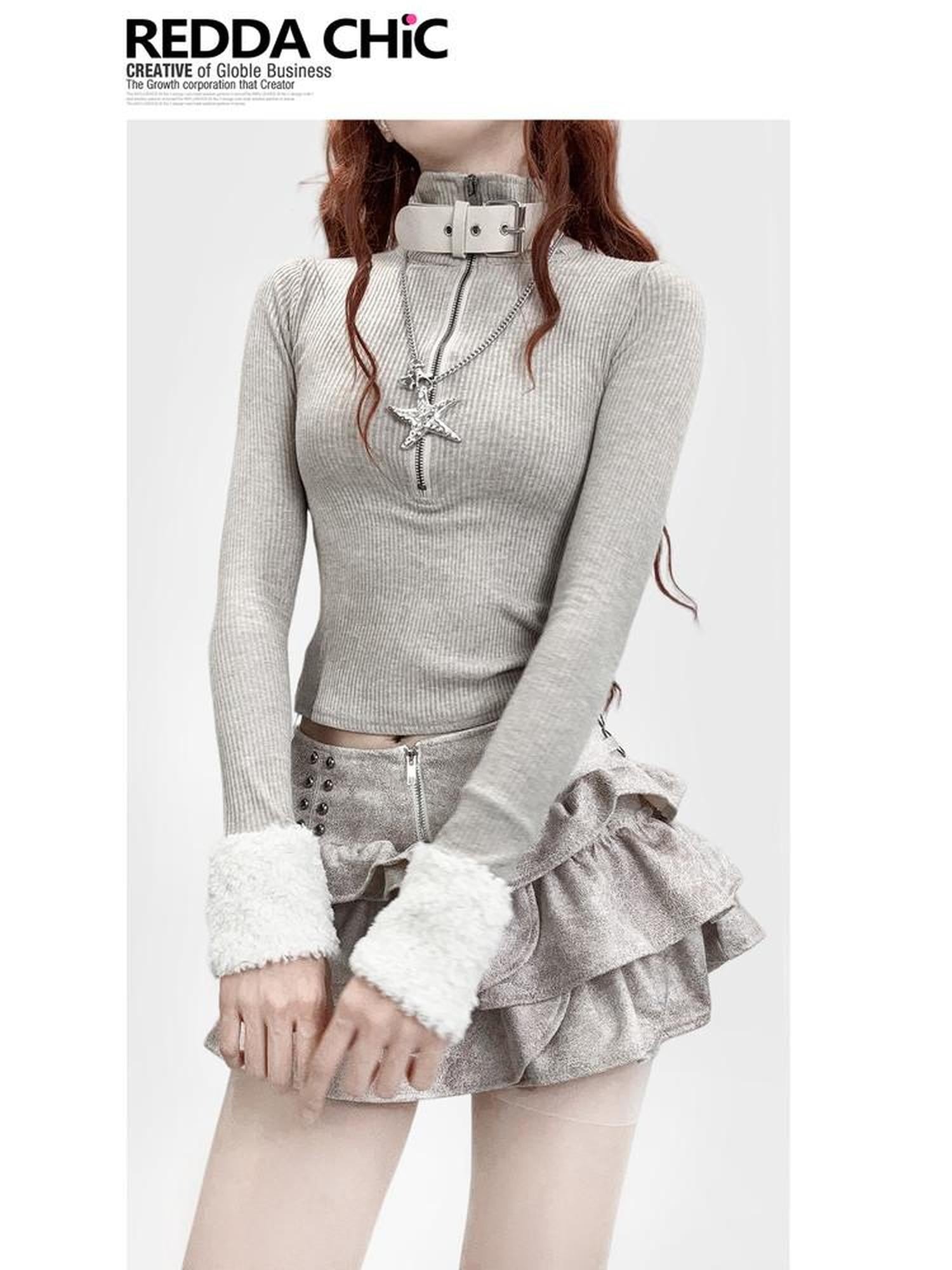 REDDACHIC Oatmeal High Neck Patchwork Fuzzy Sleeve Slim Short Women'S Knit Sweaters
