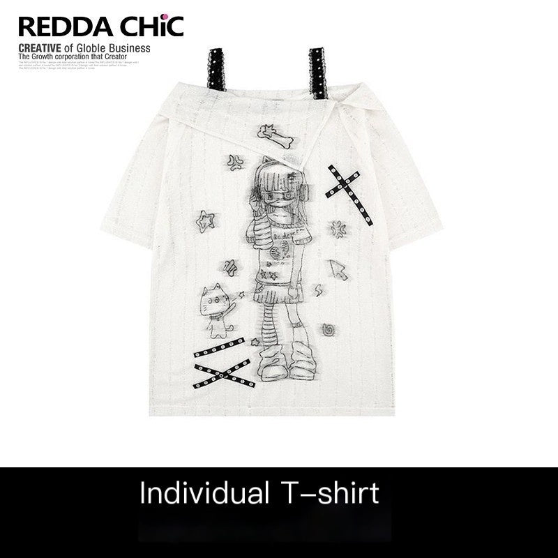 REDDACHIC_Off_Shoulder_Cartoon_Print_Bardot_Loose_Women'S_White_Short_Sleeve_T-Shirts_MISSTT