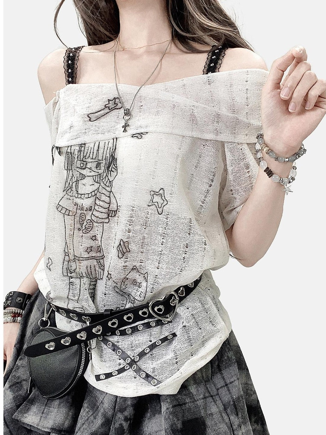 REDDACHIC Off Shoulder Cartoon Print Bardot Loose Women'S White Short Sleeve T-Shirts