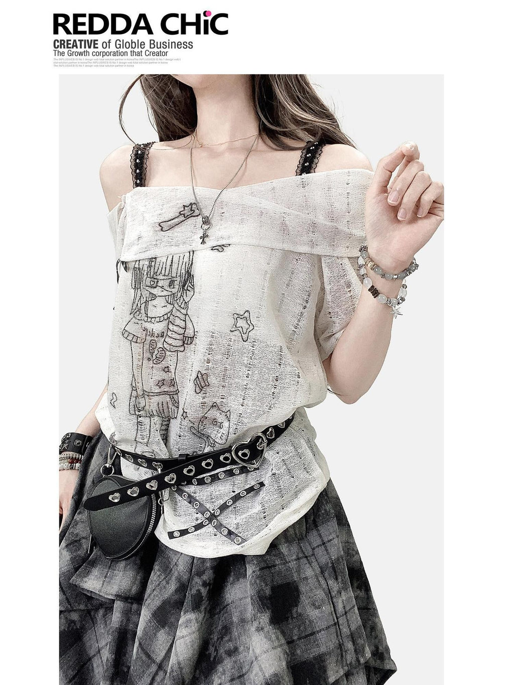 REDDACHIC Off Shoulder Cartoon Print Bardot Loose Women'S White Short Sleeve T-Shirts