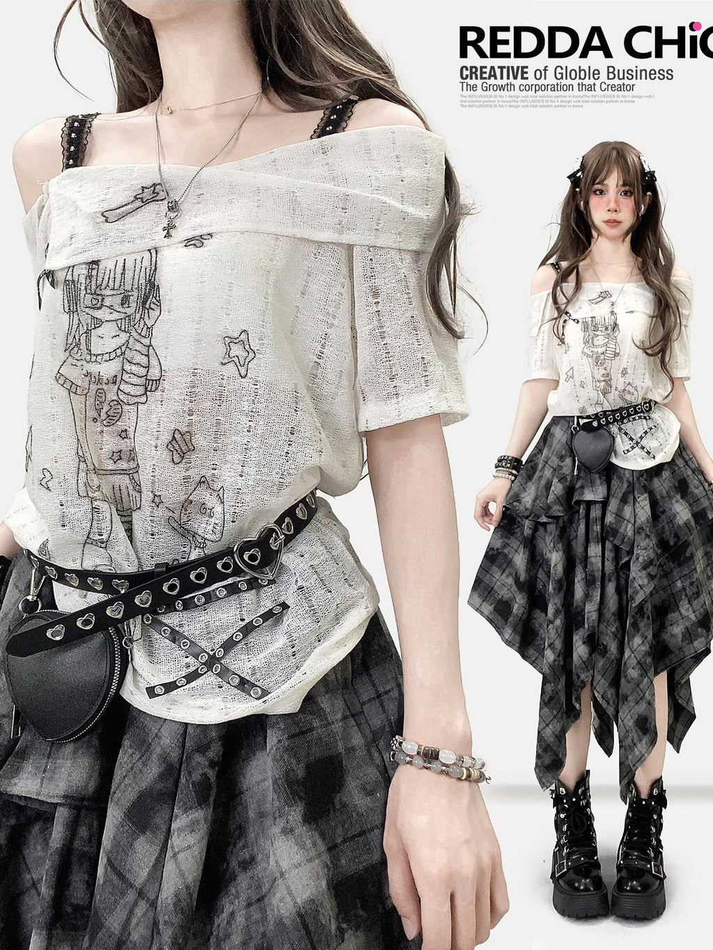 REDDACHIC Off Shoulder Cartoon Print Bardot Loose Women'S White Short Sleeve T-Shirts