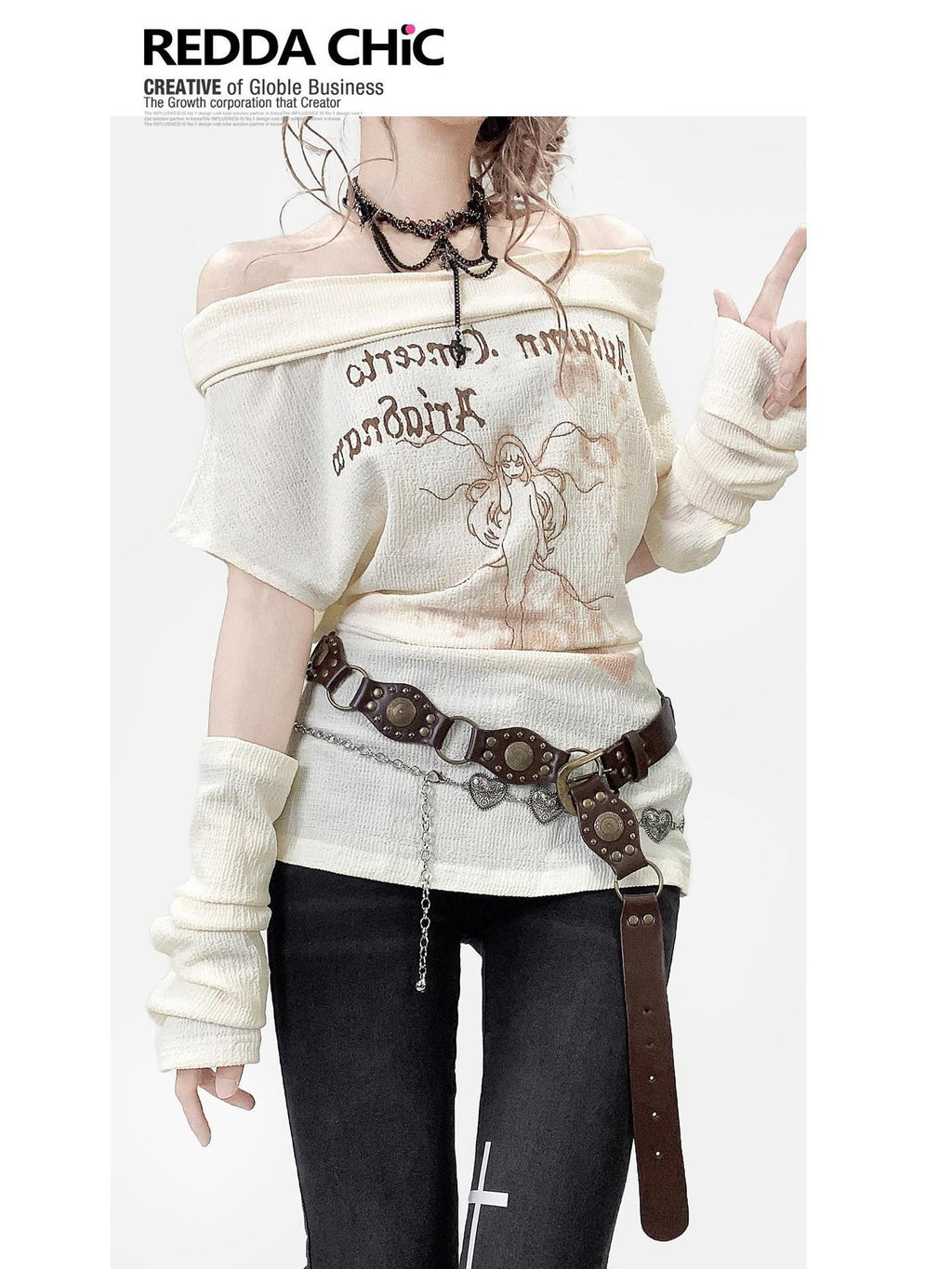 REDDACHIC Off Shoulder Printed Cinched Waist Women'S Short Sleeve T-Shirts