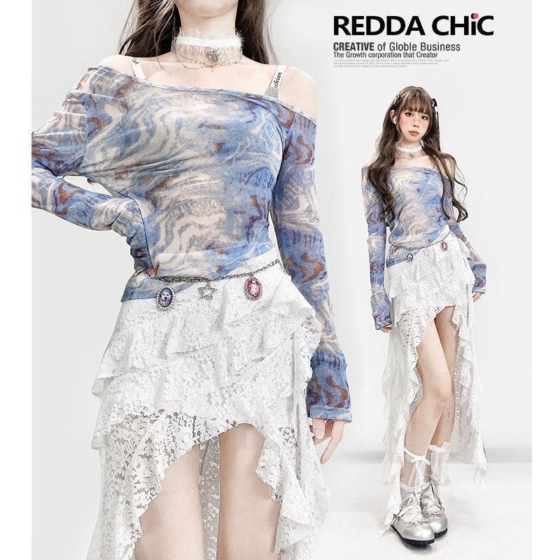 REDDACHIC_Oil_Blue_Cross_Print_Off_Shoulder_Women'S_Mesh_Long_Sleeve_T-Shirts_MISSTT