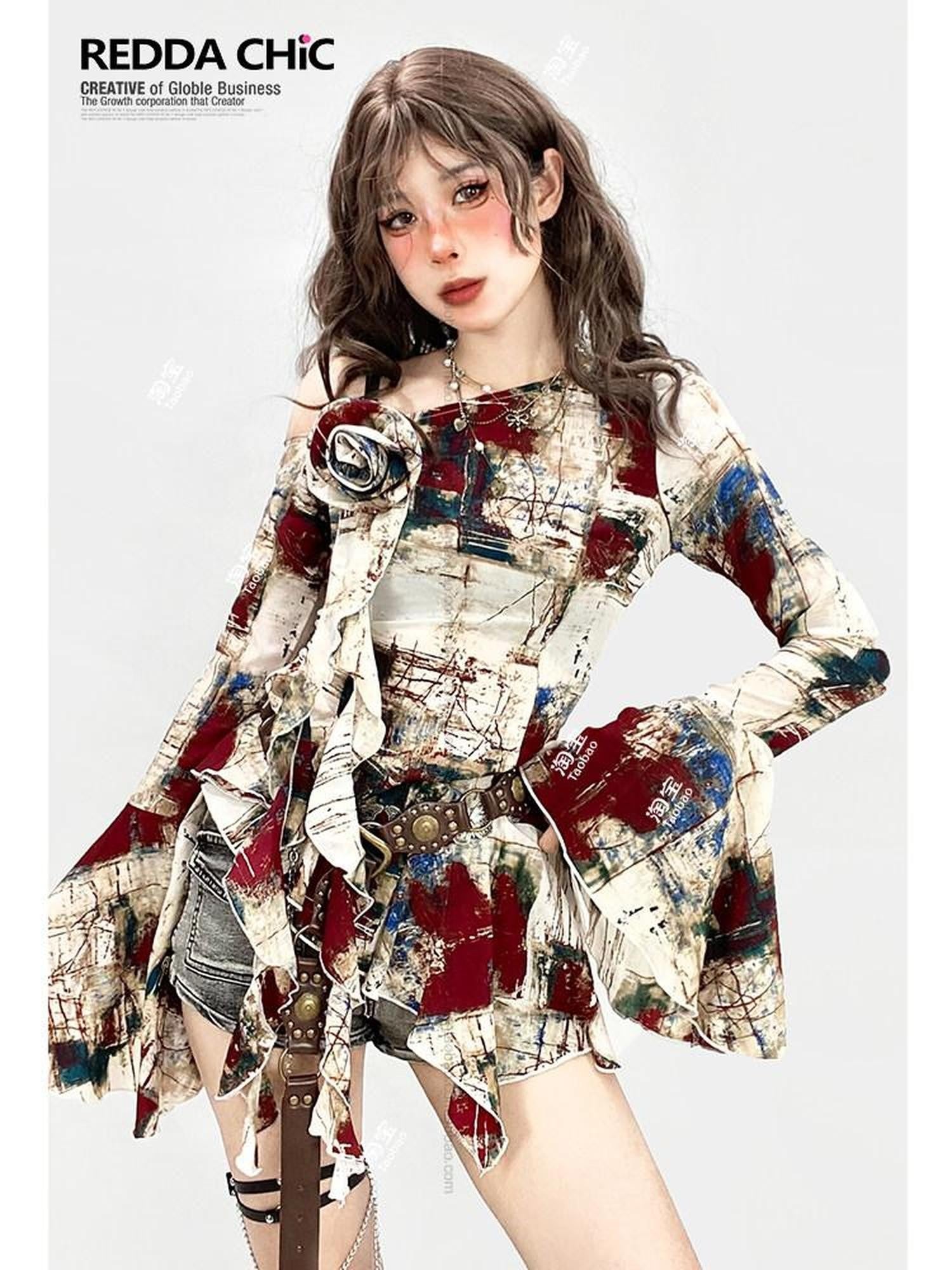 REDDACHIC Oil Paint Print Asymmetric Bell Sleeve Ruffle Women'S Long Sleeve T-Shirts